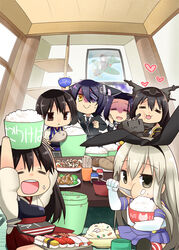  6+girls :&gt; :&lt; :d :t =_= akagi_(kancolle) black_hair blonde_hair bowl bread chopsticks commentary_request eating elbow_gloves eyepatch food food_on_face fried_rice gloves grey_eyes hair_ribbon hand_on_own_face heart japanese_clothes kaga_(kancolle) kantai_collection long_hair multiple_girls muneate mushroom nagato_(kancolle) open_mouth photoshop_(medium) purple_hair rensouhou-chan ribbon rice rice_bowl rice_on_face romaji_text shaded_face shamoji shimakaze_(kancolle) side_ponytail sitting skirt smile soy_sauce soy_sauce_bottle spoon sushi suzune_kotora tasuki tatsuta_(kancolle) tenryuu_(kancolle) trembling v-shaped_eyebrows yellow_eyes 