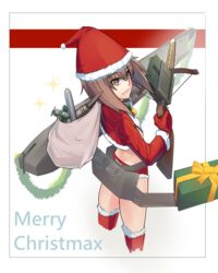  absurdres aircraft airplane ammunition bad_id bad_pixiv_id boat brown_eyes brown_hair female from_behind highres kantai_collection looking_at_viewer looking_back open_mouth sack santa_costume sein_(tgf19911119) short_hair solo taihou_(kancolle) thighhighs watercraft weapon 