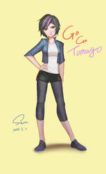  absurdres big_hero_6 black_hair character_name collarbone commentary dated english_commentary female gogo_tomago hand_on_own_hip highres looking_at_viewer multicolored_hair pink_hair red_eyes shon short_hair signature simple_background solo yellow_background 