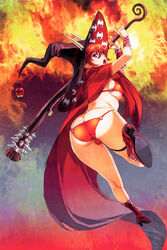  :o absurdres ass bikini boots breasts demon_girl female fire gimp_(medium) hat high_heel_boots high_heels highres horns large_breasts long_hair looking_back nishii_(damnedrive) pointy_ears purple_eyes red_bikini red_hair satan_(the_seven_deadly_sins) scan sideboob skull solo staff swimsuit the_seven_deadly_sins thigh_strap witch_hat 