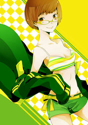  bati15 breasts brown_eyes brown_hair cleavage collarbone commentary_request cowboy_shot female glasses green_shorts groin midriff navel persona persona_4 satonaka_chie shiny_skin short_hair short_shorts shorts small_breasts smile solo stomach yellow-framed_eyewear 