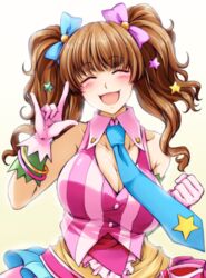  :3 \m/ blush bow breasts brown_hair cleavage closed_eyes commentary_request female gloves hagane_soushi hair_ornament hairbow huge_breasts idolmaster idolmaster_cinderella_girls long_hair moroboshi_kirari open_mouth pikapikapop_(idolmaster) smile solo star_(symbol) star_hair_ornament twintails 