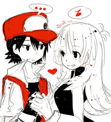  1boy baseball_cap black_hair blue_(pokemon) blue_(pokemon)_(classic) breasts cap couple female gloves hat heart jacket long_hair nintendo pokemon pokemon_(game) red_(pokemon) short_hair sideboob 