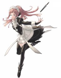  apron black_legwear blue_eyes dagger felicia_(fire_emblem_if) female fire_emblem fire_emblem_if headdress knife kozaki_yuusuke long_hair maid maid_apron maid_headdress nintendo official_art pink_hair simple_background thighhighs weapon 