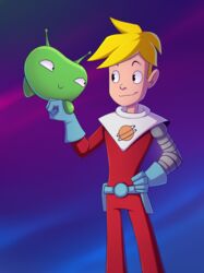  2018 alien antennae_(anatomy) blonde_hair clothed clothing duo final_space gary_goodspeed gloves green_body hair hand_on_hip handwear hi_res human looking_at_another male mammal mooncake_(final_space) not_furry re-rd-re simple_background size_difference smile spacesuit 