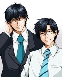  2boys black_hair commentary_request formal glasses hagane_soushi idolmaster idolmaster_cinderella_girls male_focus multiple_boys necktie producer_(idolmaster) producer_(idolmaster_anime) producer_(idolmaster_cinderella_girls_anime) smile suit 