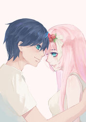  1boy absurdres bad_id bad_pixiv_id bare_shoulders black_hair blue_eyes blush breasts chu_dengdeng closed_mouth commentary couple darling_in_the_franxx eyeshadow female flower forehead-to-forehead from_side green_eyes hair_flower hair_ornament heads_together highres hiro_(darling_in_the_franxx) horns large_breasts long_hair makeup nightgown oni_horns photoshop_(medium) pink_hair red_horns shirt sleeveless sleeveless_shirt smile spoilers straight white_nightgown white_shirt zero_two_(darling_in_the_franxx) 