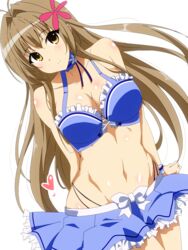  amagi_brilliant_park breasts brown_eyes brown_hair cleavage collarbone commentary_request cosplay female hair_ornament hara_(harayutaka) heart highleg highleg_panties highres large_breasts long_hair looking_at_viewer lowleg lowleg_skirt muse_(amaburi) muse_(amaburi)_(cosplay) panties sento_isuzu simple_background skirt solo underwear white_background 