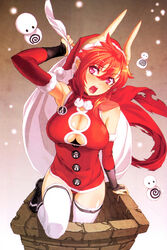  absurdres blush breasts chimney cleavage cleavage_cutout clothing_cutout demon_girl detached_sleeves female gimp_(medium) hat highres horns large_breasts long_hair nishii_(damnedrive) nitroplus official_art open_mouth pointy_ears purple_eyes red_hair sack santa_costume santa_hat satan_(the_seven_deadly_sins) scan scarf snowing solo the_seven_deadly_sins thighhighs zettai_ryouiki 