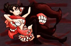  black_hair breasts cleavage female female glasses red_eyes short_hair skullgirls smile solo teeth venus_(skullgirls) venus_lovelace 