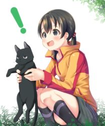  ! animal black_eyes black_hair blush chito_(flying_witch) commentary_request feline female flying_witch highres holding holding_animal holding_cat kuramoto_chinatsu long_sleeves mad_(hazukiken) open_mouth smile solo twintails 