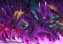  2015 ambiguous_gender capcom chaos_gore_magala claws dragon eyeless feral fire horn monster_hunter mythological_creature mythological_scalie mythology open_mouth purple_body purple_scales scales scalie seiryuuden solo tongue wings yellow_body yellow_scales 