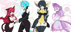  anthro black_eyes blue_eyes blue_hair breasts canid canine canis domestic_cat domestic_dog felid feline felis female green_eyes group hair handymonsters hi_res higoro kemono mammal nude red_hair wolf 