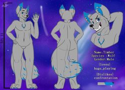  anthro canid canine canis english_text looking_at_viewer male mammal model_sheet nude singingbirdstudio solo text wolf 