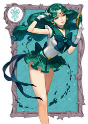  bishoujo_senshi_sailor_moon brooch choker circlet collarbone commentary_request deep_aqua_mirror earrings female gem gloves green_eyes green_hair green_skirt hand_in_own_hair heart heart_brooch holding jewelry kaiou_michiru long_hair magical_girl miniskirt mirror neptune_symbol photoshop_(medium) ribbon sailor_neptune sailor_senshi_uniform skirt solo star_(symbol) super_sailor_neptune white_gloves yukiusagi1983 