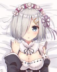  alternate_costume bare_shoulders black_dress blush breasts cleavage commentary_request cosplay detached_sleeves dress enmaided eyes_visible_through_hair female grey_hair hair_ornament hair_over_one_eye hairclip hamakaze_(kancolle) headdress kantai_collection looking_at_viewer lying maid medium_breasts nayuhi_(yukimuu14) on_back re:zero_kara_hajimeru_isekai_seikatsu rem_(re:zero) rem_(re:zero)_(cosplay) roswaal_mansion_maid_uniform short_hair solo upper_body 