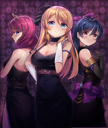  3girls ayase_eli back-to-back bare_shoulders black_dress blonde_hair blue_hair blurry blush bow breasts cleavage closed_mouth collarbone commentary_request crossed_arms depth_of_field dress earrings eyebrows gem gloves hair_between_eyes hairbow halterneck hand_on_own_hip jewelry large_breasts long_hair looking_at_viewer love_live! love_live!_school_idol_project motokonut multiple_girls nishikino_maki purple_background purple_bow purple_eyes red_dress red_hair sash shade side_slit sleeveless sleeveless_dress soldier_game sonoda_umi strap_slip swept_bangs tiara tucking_hair white_gloves 