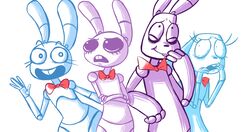  2015 animatronic anthro bonnie_(fnaf) bow_(feature) bow_tie buckteeth crossed_arms female five_nights_at_freddy&#039;s five_nights_at_freddy&#039;s_2 frown group hi_res inkyfrog lagomorph leporid machine male mammal open_mouth open_smile rabbit robot rule_63 scottgames simple_background smile style_emulation teeth toy_bonnie_(fnaf) weaver_bonnie white_background 