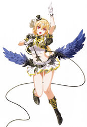  absurdres ascot belt black_footwear black_hat black_jacket blonde_hair boots breasts crop_top cropped_jacket demon_girl feathered_wings female full_body gimp_(medium) gloves hair_between_eyes hands_up hat highres holding holding_microphone horns idol index_finger_raised jacket knee_boots large_breasts leg_up looking_at_viewer low_wings lucifer_(the_seven_deadly_sins) microphone microphone_stand midriff mini_hat miniskirt music navel nishii_(damnedrive) official_art open_clothes open_jacket open_mouth pointing pointing_up puffy_short_sleeves puffy_sleeves red_eyes scan shirt short_sleeves simple_background singing skirt smile solo spread_wings standing standing_on_one_leg the_seven_deadly_sins white_background white_gloves white_shirt white_skirt wings 