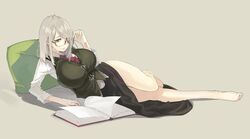  adjusting_eyewear barefoot black_skirt book breasts commentary_request female glasses gram_(muneneko) grey_hair huge_breasts long_skirt long_sleeves lying muneneko necktie on_side original pillow reading red_eyes skirt solo vest 