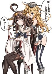  2girls bad_id bad_twitter_id blonde_hair blue_eyes brown_hair cup detached_sleeves double_bun elbow_gloves fingerless_gloves garter_straps gloves hair_bun hairband headgear hirayama_(hirayamaniwa) hug hug_from_behind iowa_(kancolle) japanese_clothes kantai_collection kongou_(kancolle) long_hair miniskirt multiple_girls nontraditional_miko one_eye_closed ribbon-trimmed_sleeves ribbon_trim skirt striped teacup thighhighs translated vertical_stripes zettai_ryouiki 