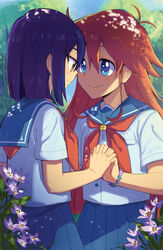  2girls ange_(angeban93) antenna_hair blue_hair blue_skirt bracelet brown_eyes commentary english_commentary eye_contact flip_flappers flower flower_request hair_between_eyes highres holding_hands interlocked_fingers jewelry kokomine_cocona long_hair looking_at_another multiple_girls papika_(flip_flappers) photoshop_(medium) pleated_skirt purple_flower red_hair school_uniform serafuku skirt smile tree yuri 