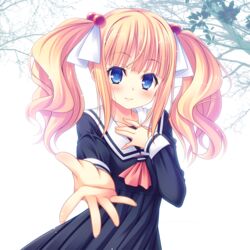  :3 blonde_hair blue_eyes blush commentary_request female foreshortening hair_bobbles hair_ornament hair_ribbon hand_on_own_chest long_hair natsukon original outstretched_hand pleated_skirt ribbon school_uniform serafuku skirt solo twintails 