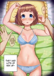  blue_eyes blush bra breasts brown_eyes cleavage female hard_translated highres idolmaster idolmaster_cinderella_girls kisuna kudou_shinobu lying navel on_back open_mouth panties pinned pov short_hair solo they_had_lots_of_sex_afterwards translated underwear underwear_only 