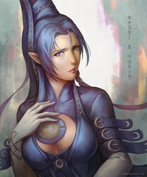  bayonetta bayonetta_(series) blue_eyes blue_hair breasts cleavage cleavage_cutout clothing_cutout commentary_request elbow_gloves fate/stay_night fate_(series) female gloves hand_on_own_chest large_breasts lips long_hair medea_(fate) parody parted_lips photoshop_(medium) pointy_ears richard_suwono signature solo tanaka_atsuko upper_body voice_actor_connection watermark web_address 