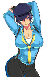  arms_up artistic_error blue_eyes blue_hair breasts cabbie_hat cleavage commentary_request cowboy_shot eroe female fingerless_gloves gloves hat highres large_breasts md5_mismatch necktie persona persona_4 persona_4:_dancing_all_night persona_dancing photoshop_(medium) shirogane_naoto short_hair simple_background solo suspenders white_background 