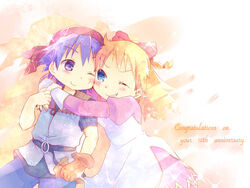  1boy anniversary blonde_hair blue_eyes breasts chibi chrono_cross commentary_request dress english_text female gloves kid_(chrono_cross) long_hair one_eye_closed oosuzu_aoi serge_(chrono_cross) short_hair smile 