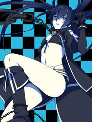  bikini black_bikini black_footwear black_gloves black_hair black_rock_shooter black_rock_shooter_(character) black_shorts blue_eyes boots breasts chains checkered_background cleavage commentary_request female floating_hair front-tie_bikini_top front-tie_top gloves hair_between_eyes knee_boots long_hair midriff navel no_shirt open_mouth shiromi_(ringo) short_shorts shorts small_breasts solo stomach swimsuit twintails very_long_hair 