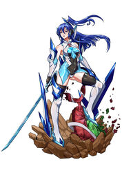  armor bare_shoulders blue_hair blush bodysuit boots breasts cameltoe commentary covered_navel covered_nipples elbow_gloves faux_figurine female full_body gauntlets gloves headgear highres holding holding_sword holding_weapon kazanari_tsubasa knee_boots leotard lips long_hair looking_up medium_breasts noise_(symphogear) one_side_up parted_lips photoshop_(medium) purple_eyes revision rubble senki_zesshou_symphogear shiny_clothes simple_background skin_tight solo standing sword thigh_boots thighhighs weapon white_background white_footwear white_thighhighs zhen_long 