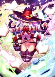  bad_id bad_pixiv_id book doku-chan_(dokkudokudoku) female flat_chest hat highres looking_at_viewer original pointy_ears smile solo thighs witch_hat 