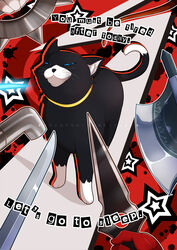  :3 animal animal_focus at_knifepoint axe black_cat blood blood_splatter blue_eyes brass_knuckles collar commentary dagger english_commentary english_text feline gameplay_mechanics gloves half-closed_eyes highres holding holding_knife holding_lead_pipe holding_weapon knife knife_cat_(meme) lead_pipe meme morgana_(persona_5) outline parody persona persona_5 photo-referenced photoshop_(medium) pointing_sword pointing_weapon red_background red_gloves redrabbu smug solo_focus spiked_knuckles star_(symbol) sword threat troll_face tumblr_username watermark weapon whip whiskers 