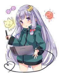  blue_bow bow commentary_request cosplay crescent crescent_hair_ornament cropped_legs drawing_tablet eromanga_sensei female hair_ornament hairbow highres izumi_sagiri izumi_sagiri_(cosplay) jacket kedama_milk long_hair long_sleeves looking_at_viewer patchouli_knowledge purple_eyes purple_hair red_bow sidelocks simple_background solo stylus touhou very_long_hair white_background 