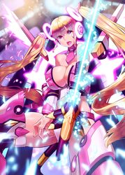  bad_id bad_pixiv_id bare_shoulders breasts brown_hair cleavage doku-chan_(dokkudokudoku) female highres huge_breasts long_hair looking_at_viewer open_mouth original purple_eyes solo sword thighs twintails very_long_hair weapon 