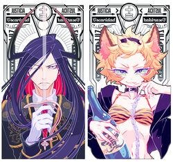  1boy aira_kanae animal_ears animal_print bad_id bad_pixiv_id bikini black_eyes blonde_hair bottle bright_pupils cat_ears chains collar cow_horns female hairband highres horns jacket juuni_taisen kashii_eiji leather leather_jacket long_hair looking_at_viewer matador multicolored_hair one_eye_closed photoshop_(medium) sake_bottle short_hair spanish_text swimsuit sword tiger_print translated two-tone_hair upper_body wabi_(youtakak) weapon 