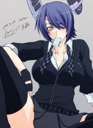  breasts checkered_necktie commentary_request eyepatch female food gloves hagane_soushi halo headgear kantai_collection large_breasts mechanical_halo necktie partially_fingerless_gloves popsicle purple_hair school_uniform short_hair solo tenryuu_(kancolle) thighhighs undone_necktie yellow_eyes 