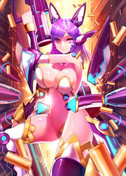  bad_id bad_pixiv_id breasts doku-chan_(dokkudokudoku) female gun highres huge_breasts long_hair navel original purple_eyes purple_hair shell_casing solo weapon 