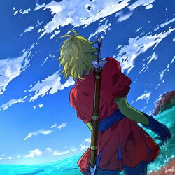  1boy bad_id bad_pixiv_id blonde_hair blue_gloves blue_sky cloud cowboy_shot day dragon_quest dragon_quest_vii facing_away from_behind gloves haru_hikoya kiefer male_focus ocean outdoors puffy_short_sleeves puffy_sleeves short_sleeves signature sky solo sword sword_behind_back water weapon 