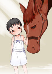  2017 black_hair brown_body brown_eyes brown_fur clothed clothing dress duo equid equine female feral fur hair hand_on_head horse human j7w lolicon mammal short_hair size_difference smaller_female smile toddler tomboy young young_human 