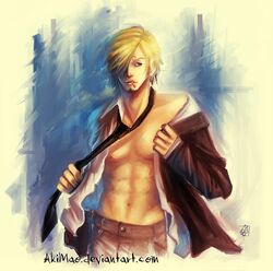  1boy abs akimao blonde_hair blue_eyes cigarette hair_over_one_eye male male_focus necktie one_piece open_clothes open_shirt sanji shirt smoking solo undressing 