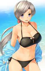  aaru_(tenrake_chaya) alternate_hairstyle beach bikini black_bikini breasts chitose_(kancolle) cleavage commentary_request contrapposto cowboy_shot day female grey_hair hair_down kantai_collection large_breasts long_hair low_ponytail navel o-ring o-ring_bikini off_shoulder outdoors purple_eyes side-tie_bikini_bottom smile solo standing swept_bangs swimsuit 