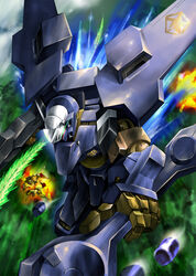  battle beam beam_rifle cait_sith_(gundam_g_no_reconguista) cloud commentary_request dutch_angle energy energy_gun explosion flying glowing glowing_eye gundam gundam_g_no_reconguista highres itano_circus jellyman mecha missile montero_(gundam) motion_blur no_humans photoshop_(medium) rainforest realistic robot science_fiction weapon 