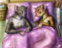  bed bedding blanket blue_eyes brown_body brown_eyes brown_fur conditional_dnp duo female fur furniture grey_body grey_fur male mammal morning_after mouse murid murine nipples nude pillow pink_nose rat rodent romantic romantic_ambiance romantic_couple shy story story_in_description whimsicalsquirrel whiskers 