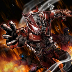  3boys antennae armor axe bad_id bad_pixiv_id belt blue_eyes claws crack damaged fire helmet highres kamen_rider kamen_rider_chaser kamen_rider_drive kamen_rider_drive_(series) kamen_rider_mach kameren mashin_chaser mask multiple_boys orange_eyes photoshop_(medium) smoke type_chou_dead_heat weapon 