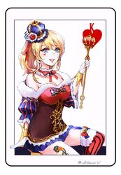  :d ayase_eli blonde_hair blue_eyes breasts cleavage crown facial_tattoo female fur_trim heart heart_tattoo large_breasts lilaccu love_live! love_live!_school_idol_project open_mouth protected_link scepter skirt smile solo staff striped_clothes striped_thighhighs tattoo thighhighs vertical-striped_clothes vertical-striped_thighhighs 