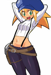  arms_up blonde_hair blush_stickers breasts cabbie_hat call_(red_ash) casual cosplay cowboy_shot creator_connection crop_top female green_eyes groin hat holster katosei mega_man_(series) mega_man_legends_(series) midriff navel pants red_ash roll_caskett_(mega_man) small_breasts smile solo striped suspenders sweater thigh_holster vertical_stripes 