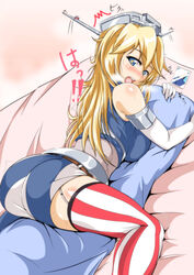  absurdres ass asymmetrical_legwear bare_shoulders bed belt blonde_hair blue_eyes blush body_pillow breasts commentary_request elbow_gloves female from_behind garter_straps gloves headgear heavy_breathing highres iowa_(kancolle) kantai_collection large_breasts long_hair looking_back miniskirt mismatched_legwear open_mouth photo_(object) photoshop_(medium) pillow sangyou_haikibutsu_a shiny_skin skirt solo star-shaped_pupils star_(symbol) striped_clothes striped_skirt striped_thighhighs sweat symbol-shaped_pupils thighhighs vertical-striped_clothes vertical-striped_skirt vertical-striped_thighhighs zettai_ryouiki 